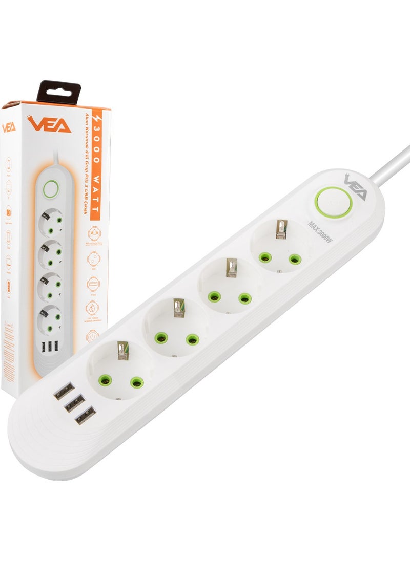 VEA VA-21560 4-Plus 1.5 Meter Cable 3 USB White Surge Protected Socket  - Image 4