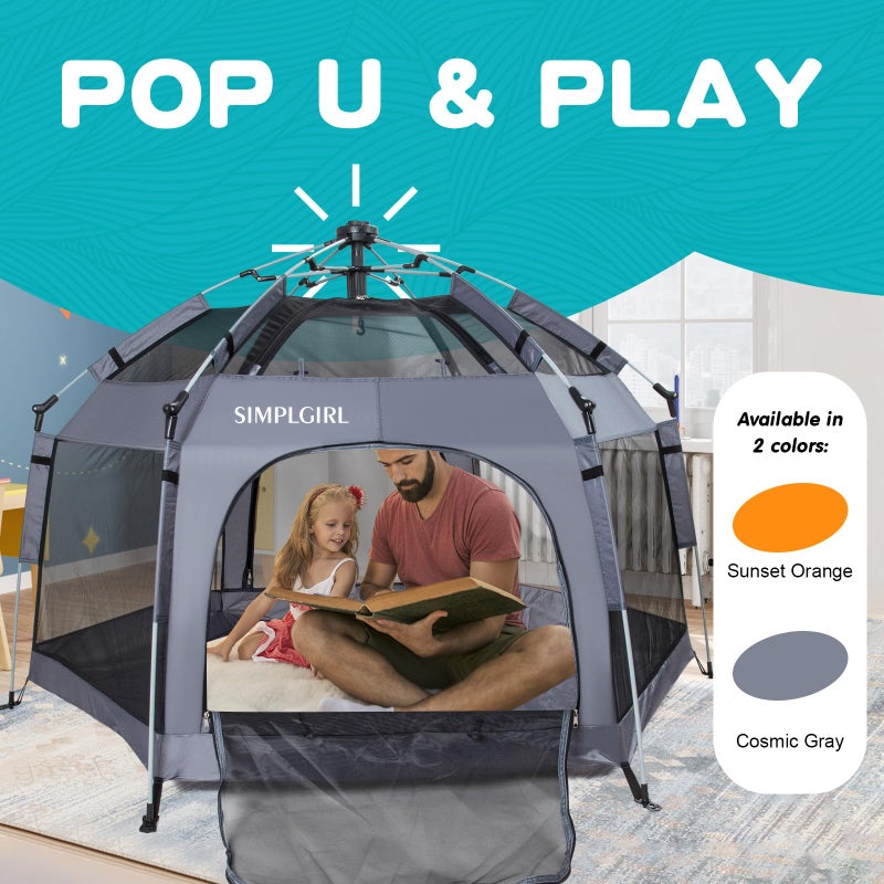 SIMPLGIRL Premium in Door and Out Door Baby Playpen - Portable, Lightweight, Pop Up Pack and Play Tod-dler Play Yard w/Canopy and Travel Bag - Grey - Image 3