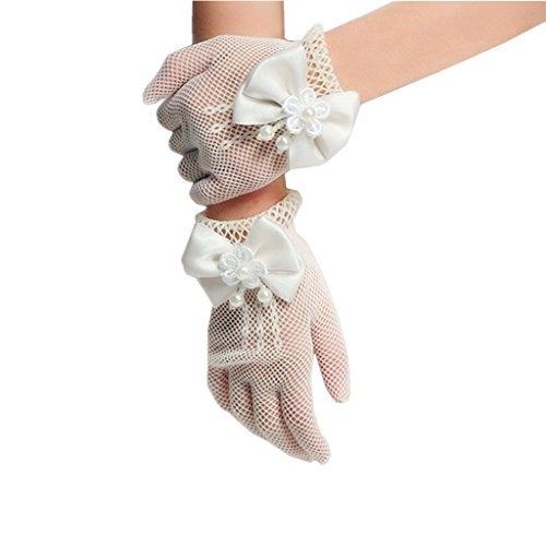 DreamHigh Wedding Flower Girls Mittens Pearl Bow Tie Fish Net Gloves- White - Image 1