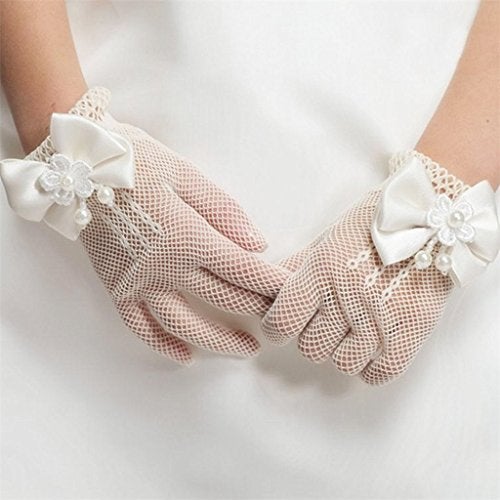 DreamHigh Wedding Flower Girls Mittens Pearl Bow Tie Fish Net Gloves- White - Image 2