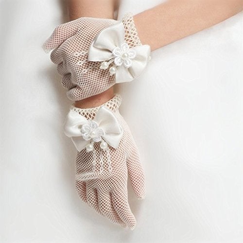 DreamHigh Wedding Flower Girls Mittens Pearl Bow Tie Fish Net Gloves- White - Image 5