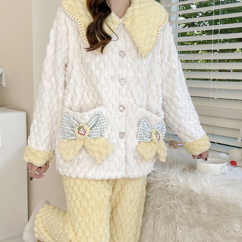 Cozy Coral Fleece Maternity Pajamas Set 228 bow yellow 