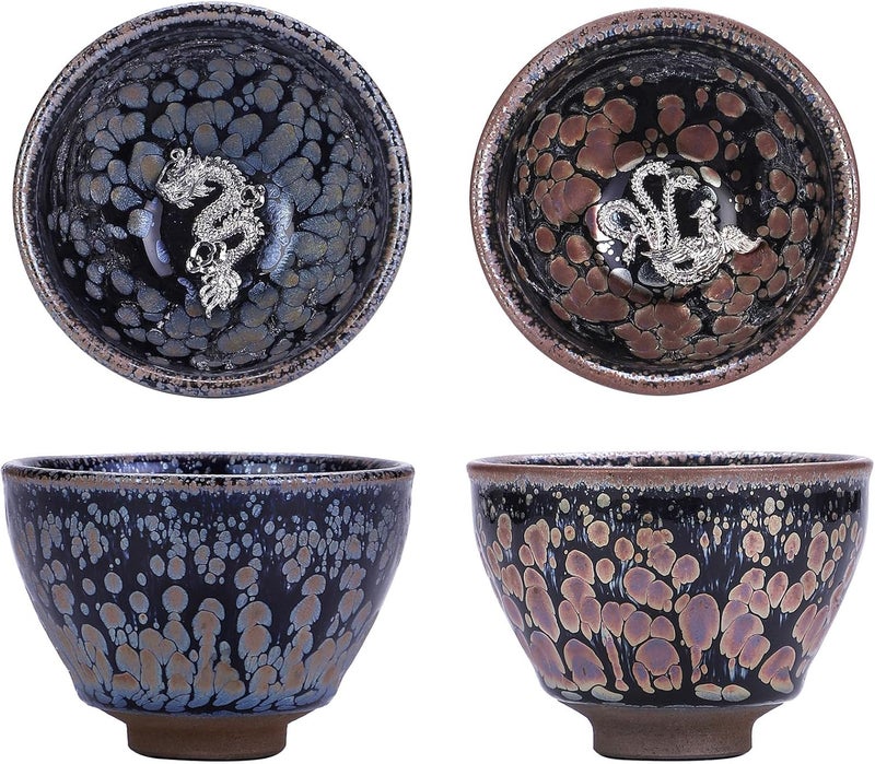 CmengAo Jianzhan Tenmoku Ceramic Tea Cups Dragon and Phoenix Pair of Teacups 45 oz Handmade Traditional Chinese Kungfu Tea Cup 2 PcsSet - Image 1