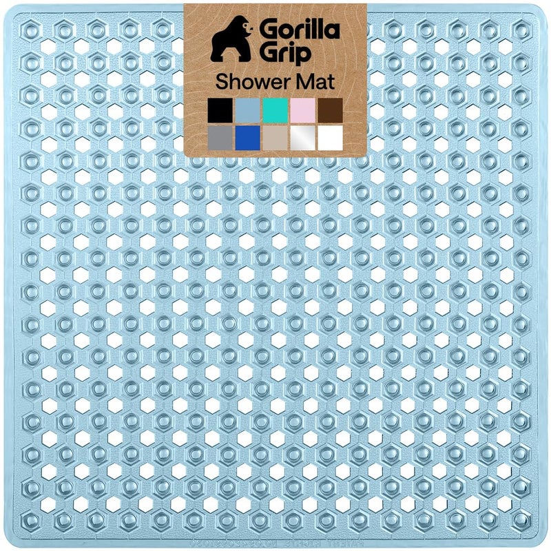 GORILLA GRIP Patented Square Shower Stall Mat, Small Bathtub Floor Mats for Stand Up Showers with Suction Cups and Drainage Holes, Machine Washable, Soft on Feet, Bathroom Accessories 21x21 Inch, Blue - Image 1