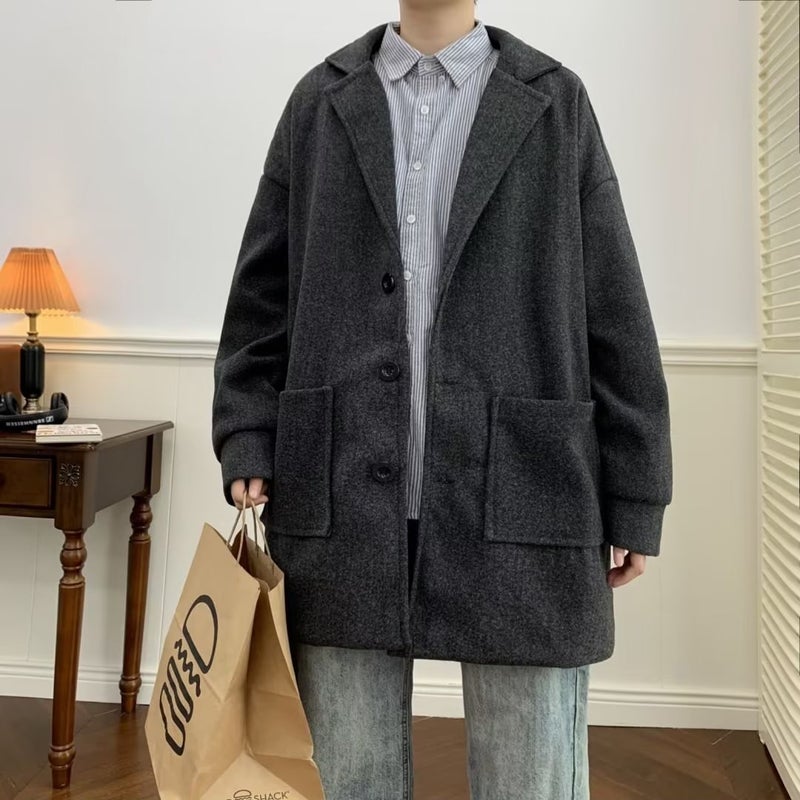 2024 Mens Mid-Length Trench Coat Autumn Winter Woolen Stylish Korean Fashion Grey 