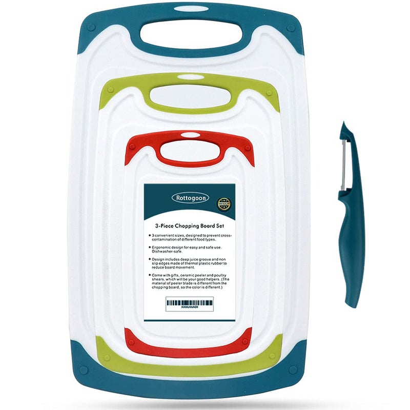 Rottogoon Cutting Boards for Kitchen, Plastic Chopping Board Set of 4 with Non-Slip Feet and Deep Drip Juice Groove, Easy Grip Handle, Dishwasher Safe, Green - Image 1