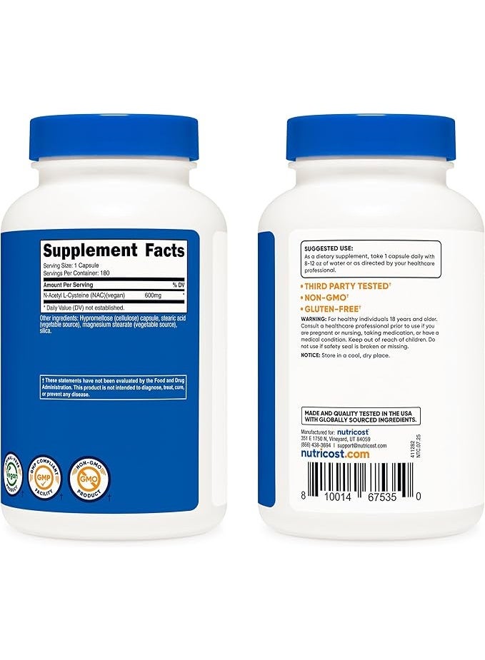 Nutricost, NAC, Vegan N-Acetyl L-Cysteine, 600 mg, 180 Capsules - Image 4