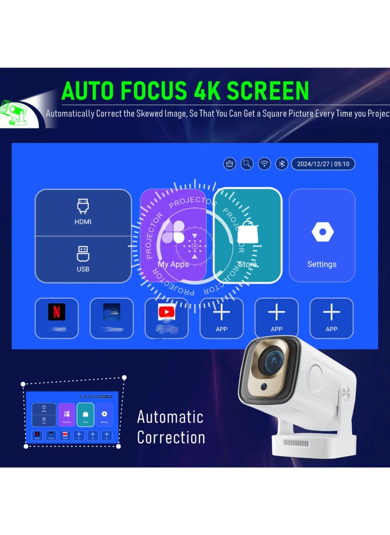 HY260 Pro إصدار 2025 - جهاز عرض بدقة 1080P مع تركيز تلقائي وريموت ماوس هوائي، شاشة سينما ذكية 200 بوصة بنظام أندرويد، مع كابل HDMI