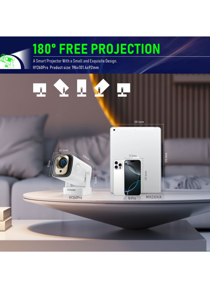 HY260 Pro إصدار 2025 - جهاز عرض بدقة 1080P مع تركيز تلقائي وريموت ماوس هوائي، شاشة سينما ذكية 200 بوصة بنظام أندرويد، مع كابل HDMI