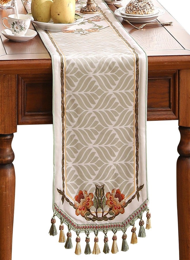 patdrea Designer Elegant French Floral Velvet Table Runner 102 Inch Long,Green with Orange Blossoms Pattern Table Mat, Decor for Kitchen Dining Coffee Table Cabinet Banquet Thanksgiving,12"*102" - Image 1