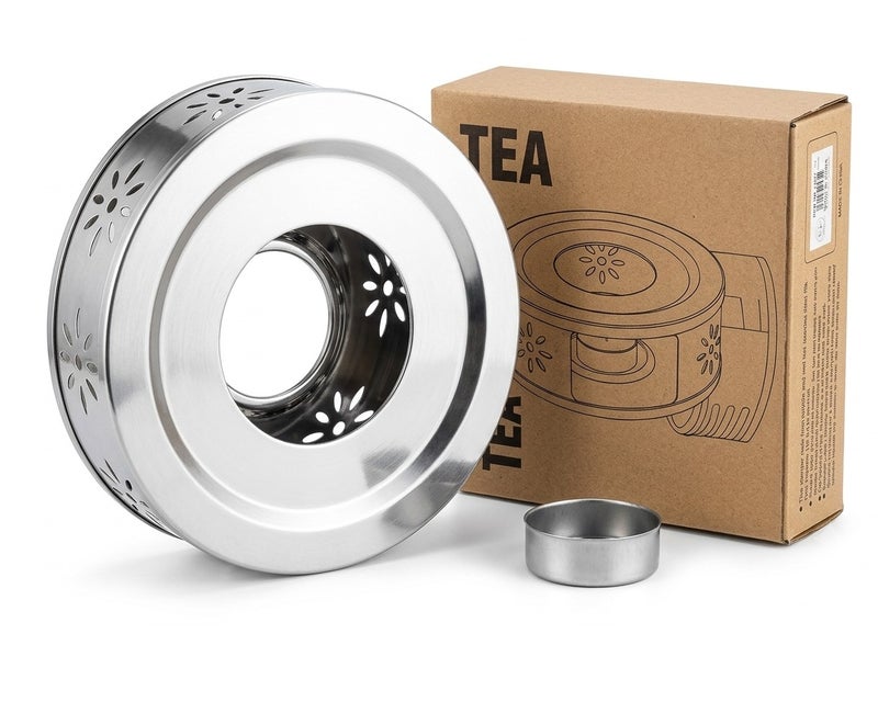Rymel Stainless Steel Teapot Warmer - Elegant Floral Pattern Tealight Candle Heater Base for Tea, Coffee, and Food - Durable Silver Warmers Trivet with Removable Candle Holder Cup - Image 3