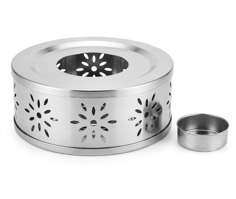 Rymel Stainless Steel Teapot Warmer - Elegant Floral Pattern Tealight Candle Heater Base for Tea, Coffee, and Food - Durable Silver Warmers Trivet with Removable Candle Holder Cup - Image 1