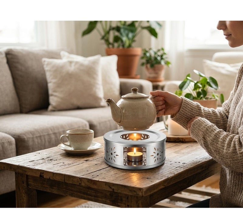 Rymel Stainless Steel Teapot Warmer - Elegant Floral Pattern Tealight Candle Heater Base for Tea, Coffee, and Food - Durable Silver Warmers Trivet with Removable Candle Holder Cup - Image 2