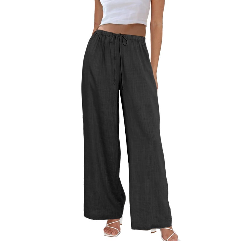 Duyang Womens Cotton Linen Palazzo Pants Drawstring Elastic Waist Casual Wide Leg Trousers with Pockets(Black,XS) - Image 1