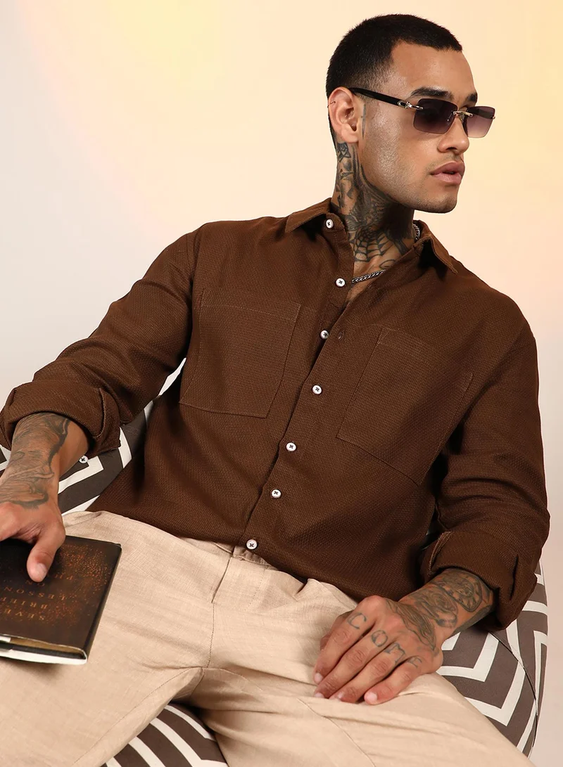 Campus Sutra Men's Chocolate Brown Solid Canvas Utility Shirt