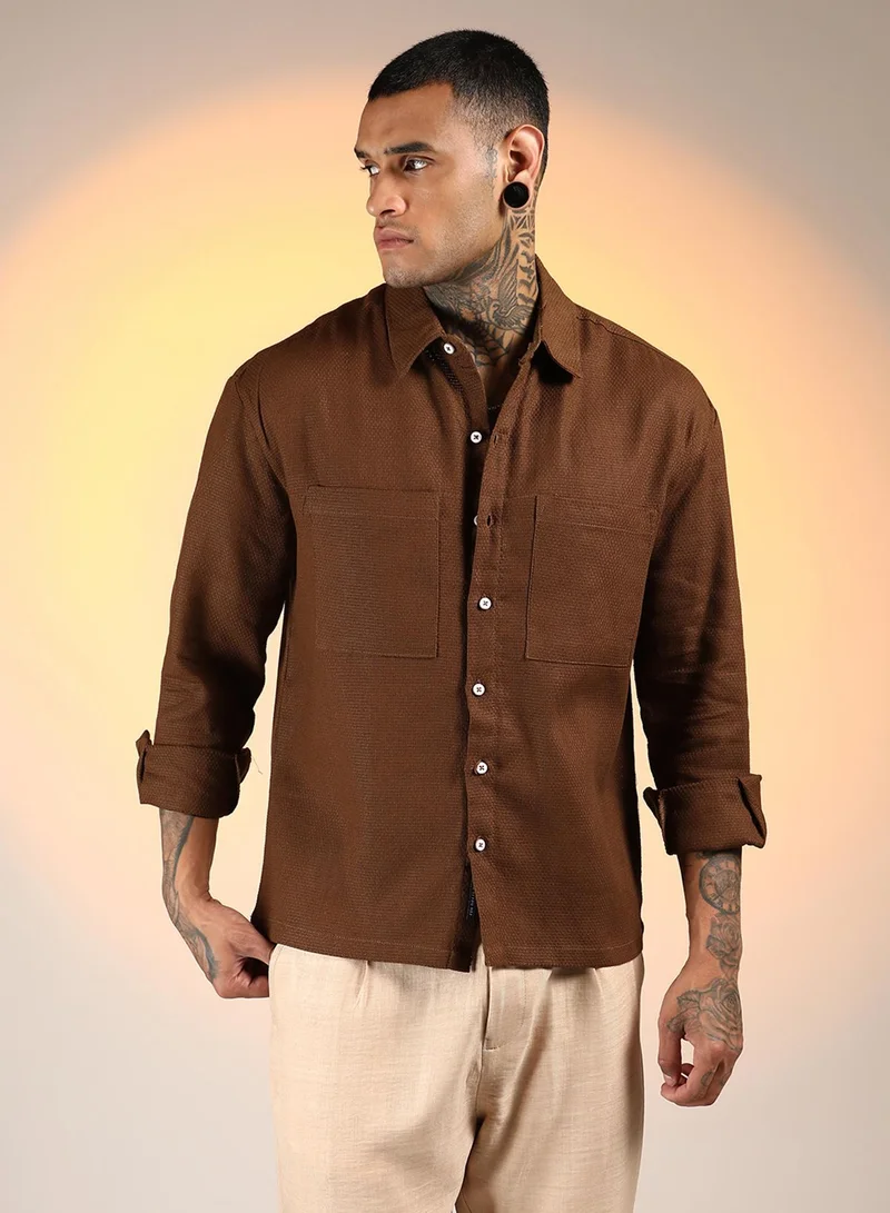 Campus Sutra Men's Chocolate Brown Solid Canvas Utility Shirt