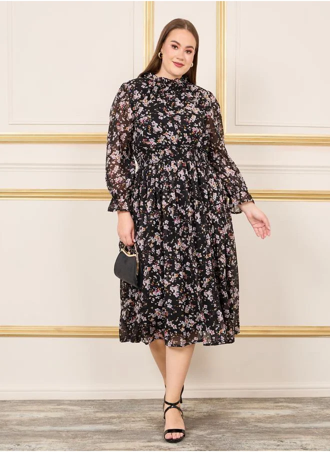 Styli Plus Ditsy Floral Print High Neck Smocked Waist Detail Midi Dress