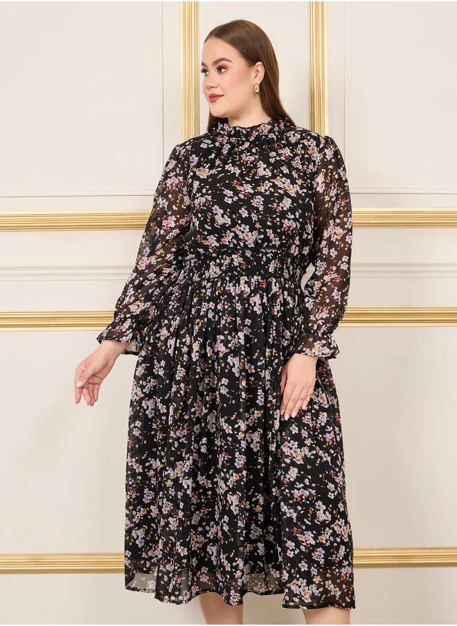 Styli Plus Ditsy Floral Print High Neck Smocked Waist Detail Midi Dress