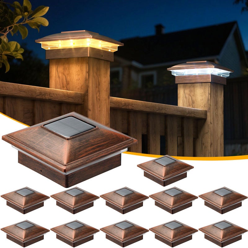 APONUO 12 Pack Fence Post Solar Lights, 2 Modes(Warm/Cool Light) Outdoor Waterproof 4x4 Post Solar Lights, Solar Powered Garden, Patio, Deck Decor for 4x4 Wood & Vinyl Posts, Copper - Image 1