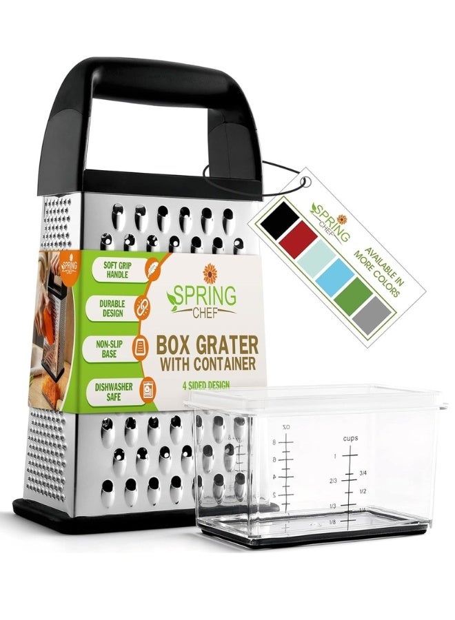 Spring Chef Professional 4-Sided Box Grater with Storage Container – Stainless Steel Kitchen Handheld Food Shredder & Slicer for Cheese, Vegetables, Fruits, Potatoes, Carrots, Zucchini, Lemon, Multi-Function Cooking Tool with Soft Grip Handle, Dishwasher Safe, Fast & Efficient Food Preparation - Image 1