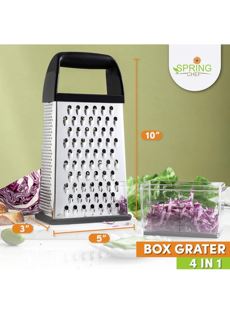 Spring Chef Professional 4-Sided Box Grater with Storage Container – Stainless Steel Kitchen Handheld Food Shredder & Slicer for Cheese, Vegetables, Fruits, Potatoes, Carrots, Zucchini, Lemon, Multi-Function Cooking Tool with Soft Grip Handle, Dishwasher Safe, Fast & Efficient Food Preparation - Image 2