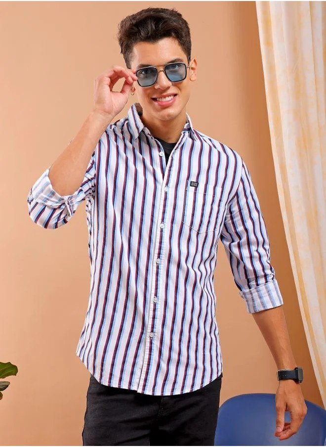 The Indian Garage Co Men Slim Fit Multi Striped Full Sleeves Cutaway Collar Casual Shirt