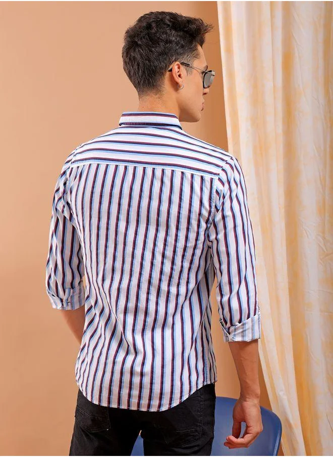 The Indian Garage Co Men Slim Fit Multi Striped Full Sleeves Cutaway Collar Casual Shirt