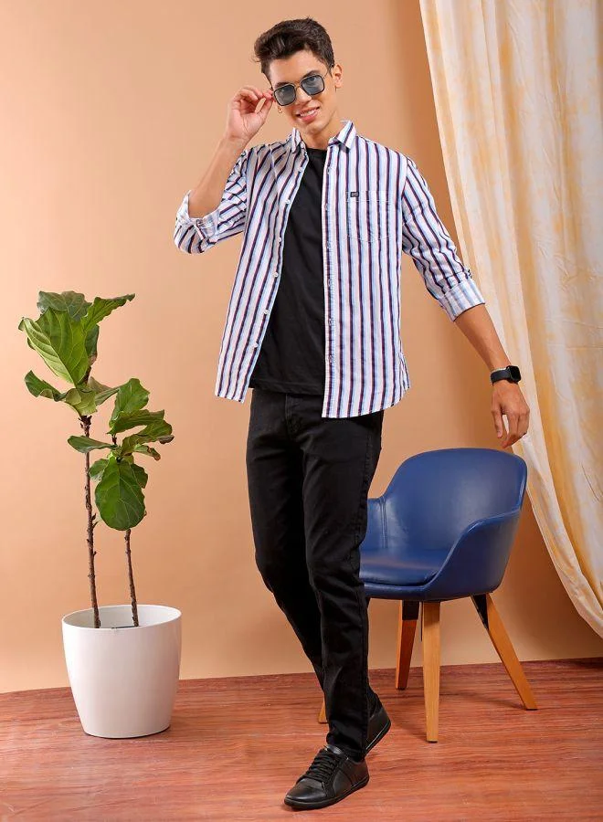 The Indian Garage Co Men Slim Fit Multi Striped Full Sleeves Cutaway Collar Casual Shirt