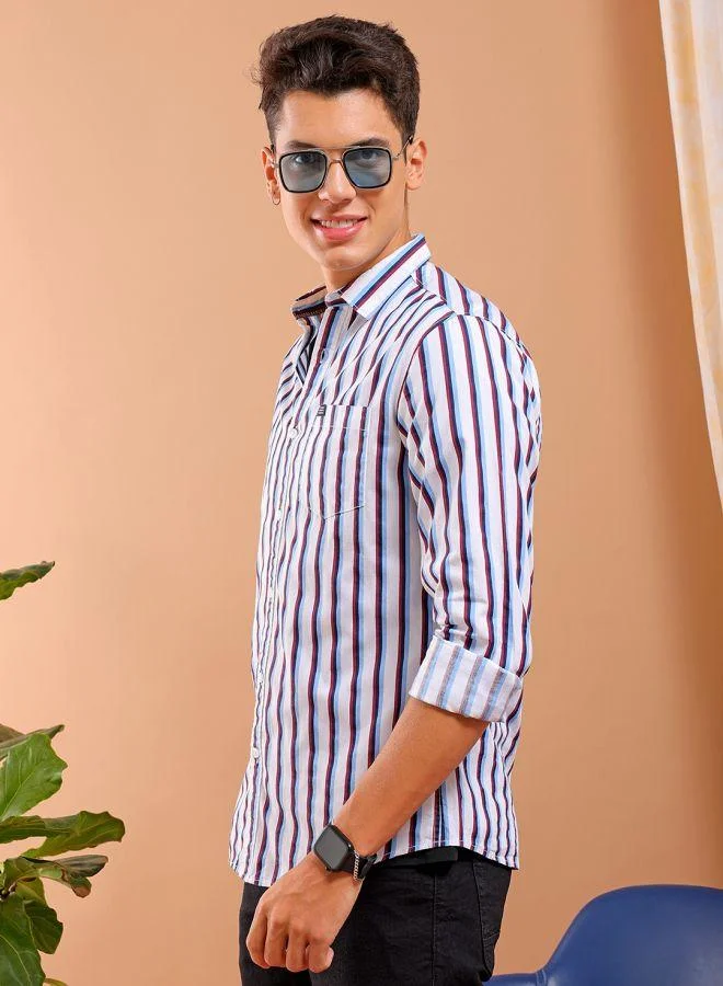The Indian Garage Co Men Slim Fit Multi Striped Full Sleeves Cutaway Collar Casual Shirt