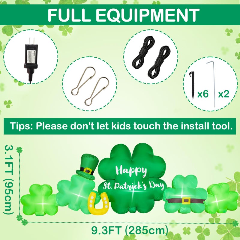 anroog 9.3FT St Patricks Day Inflatables Outdoor Decorations Shamrocks Clover Blow Up Inflatable Yard Decorations with LED Lights Spring St. Patrick's Green Outside Holiday Party Garden Lawn Decor - Image 5