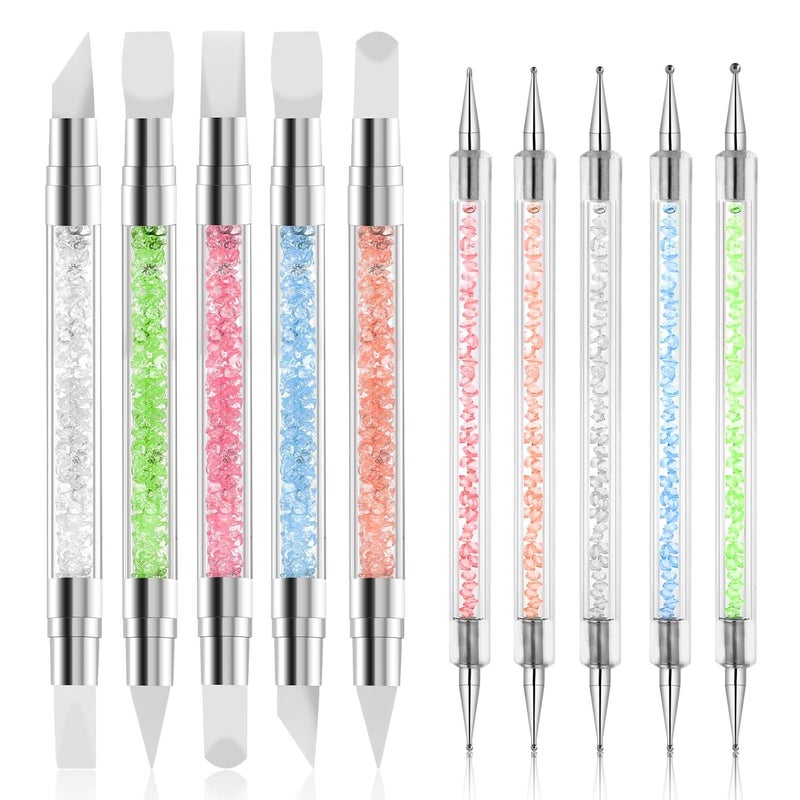 Sliverdew 10PCS Nail Art Gel Carving Pen Acrylic Nail Dotting Pen Rhinestone Handle Double-Ended Silicone Nail Art Pen Brushes for Design Nail Foil Carving Drawing and 3D Effect Shaping Drawing Dotting Tools