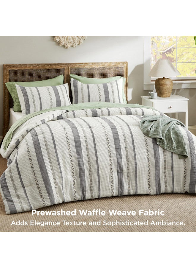 Bedsure Bedsure Waffle Queen Comforter Set - Ivory Cotton Bedding Set for All Seasons, Stripe Fluffy Bed Set 3 Pieces with 1 Waffle Weave Comforter Queen Size and 2 Pillow Shams  - Image 1