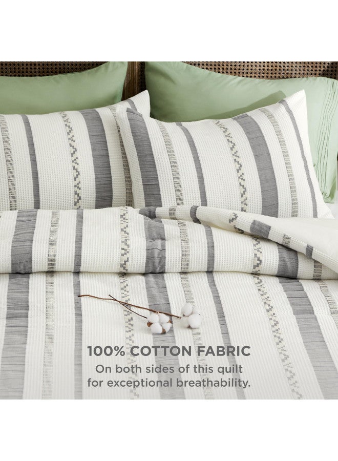 Bedsure Bedsure Waffle Queen Comforter Set - Ivory Cotton Bedding Set for All Seasons, Stripe Fluffy Bed Set 3 Pieces with 1 Waffle Weave Comforter Queen Size and 2 Pillow Shams  - Image 2