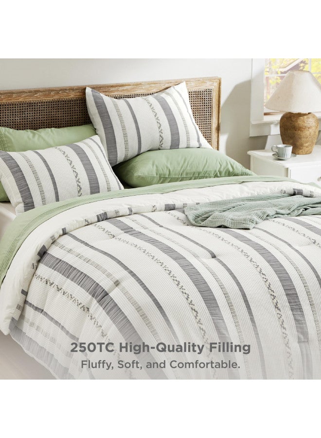 Bedsure Bedsure Waffle Queen Comforter Set - Ivory Cotton Bedding Set for All Seasons, Stripe Fluffy Bed Set 3 Pieces with 1 Waffle Weave Comforter Queen Size and 2 Pillow Shams  - Image 4