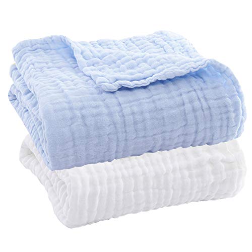 Aablexema Baby Muslin Bath Towels  Set of 2 Large Size 43X43 Inches Swaddle Blanket for Newborn Toddlers Boys Girls White  Blue