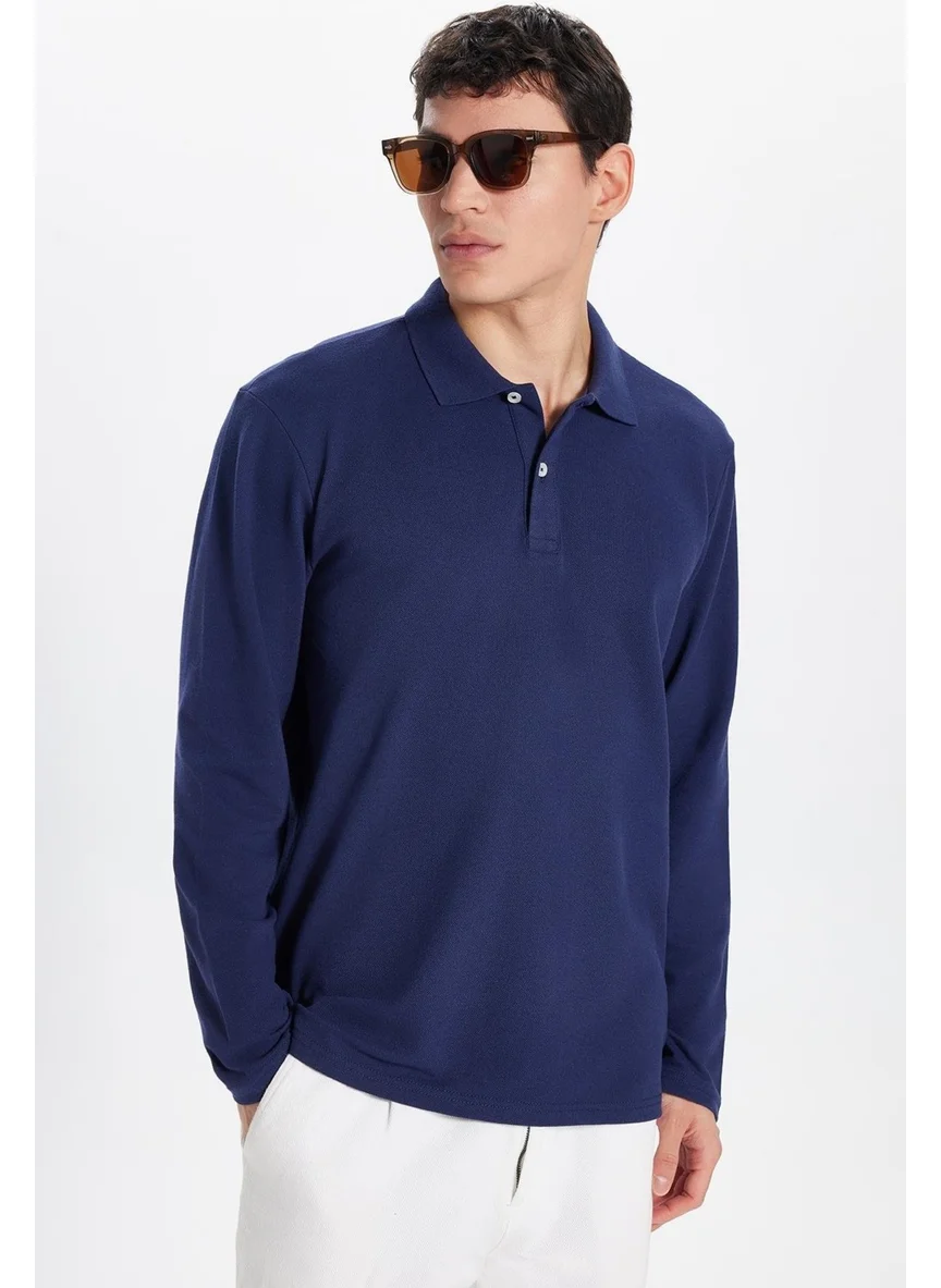 تودورس Men's Standard Fit Relaxed Cut Cotton Soft Texture Plain Pique Long Sleeve Navy Blue Polo Neck T-Shirt