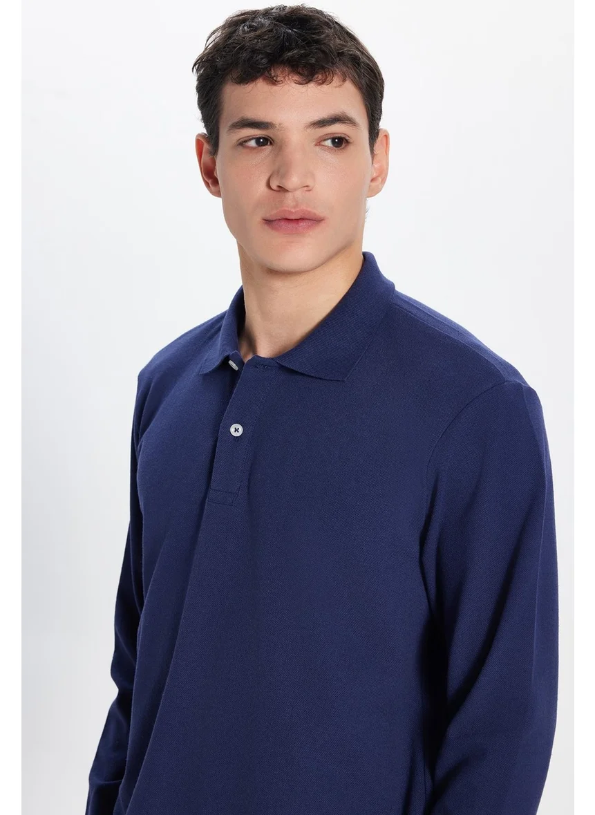 تودورس Men's Standard Fit Relaxed Cut Cotton Soft Texture Plain Pique Long Sleeve Navy Blue Polo Neck T-Shirt