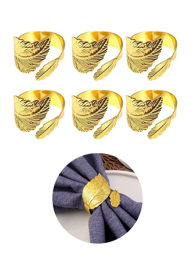 6 Pcs 3D Leaf Shape Carve Vintage Napkin Rings Set, Metal Colorproof Electroplating Gold Paper Towel Ring Holder, Metallic Napkin Towel Adornment for Party Table (Golden)  - Image 1
