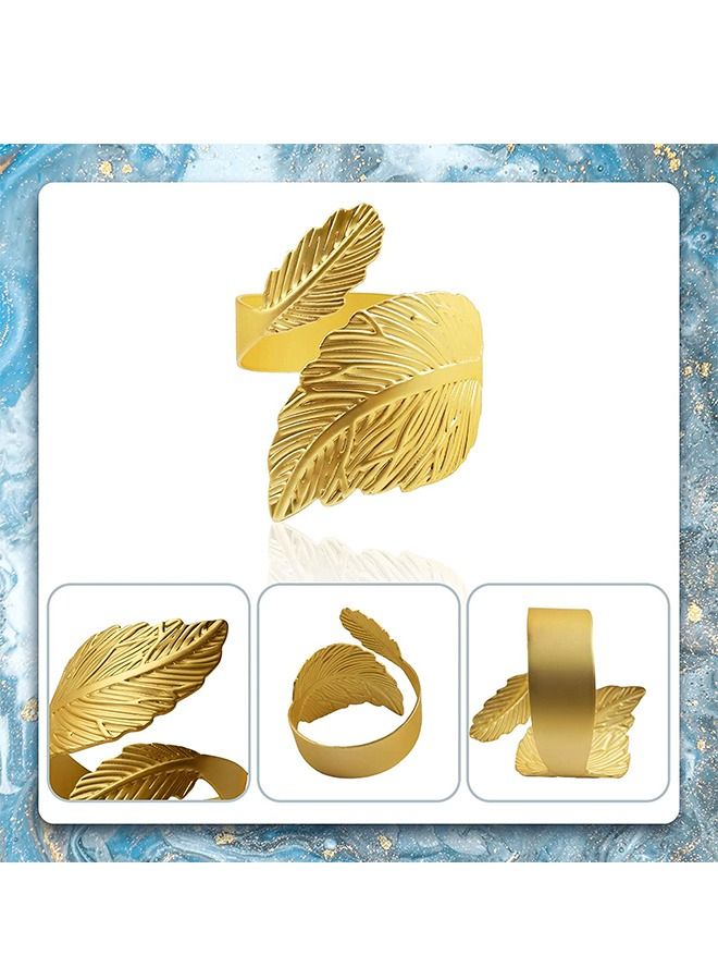 6 Pcs 3D Leaf Shape Carve Vintage Napkin Rings Set, Metal Colorproof Electroplating Gold Paper Towel Ring Holder, Metallic Napkin Towel Adornment for Party Table (Golden)  - Image 3