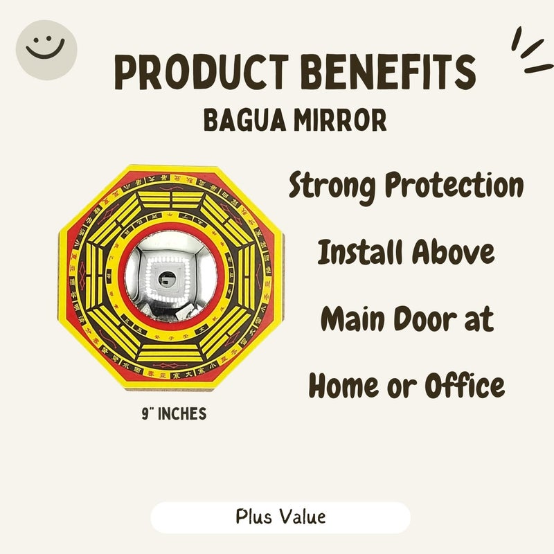 Plus Value Feng Shui Pakua Bagua Convex Mirror Home Office Shop Business Main Door Entrance Protection from Evil Eye Positive Energy 9 Inches Wall Hanging Decor Wooden - Image 2