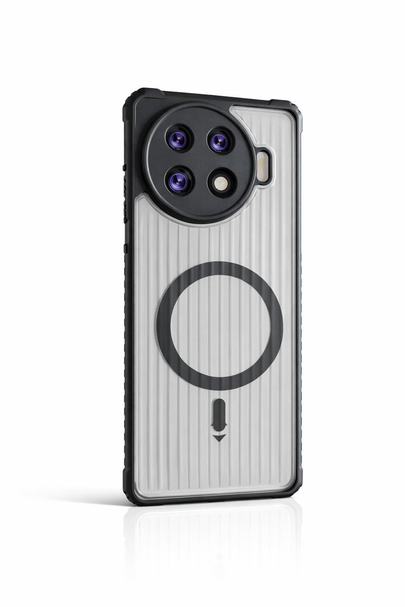 Transparent Shockproof Phone Case for Tecno Spark 20 Pro Plus, Ribbed Anti-Slip Back, Magnetic Look Design (No Wireless Charging), Slim Camera Protection Cover (Black)