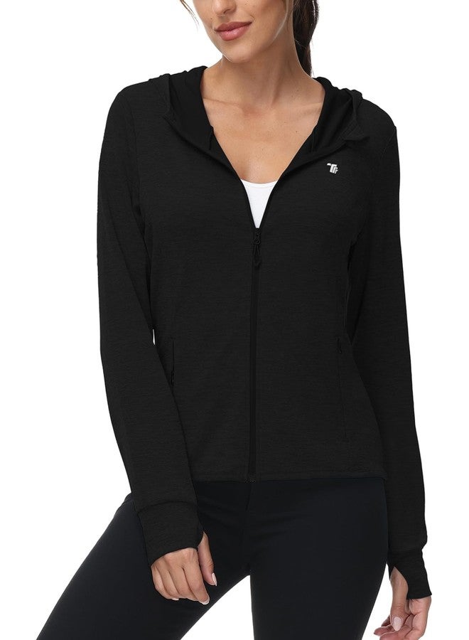 TBMPOY Womens UPF 50+ Sun Protection Hoodie Jackets Light Weight Long Sleeve Shirts Hiking Outdoor Full Zip Tops Black M - Image 1