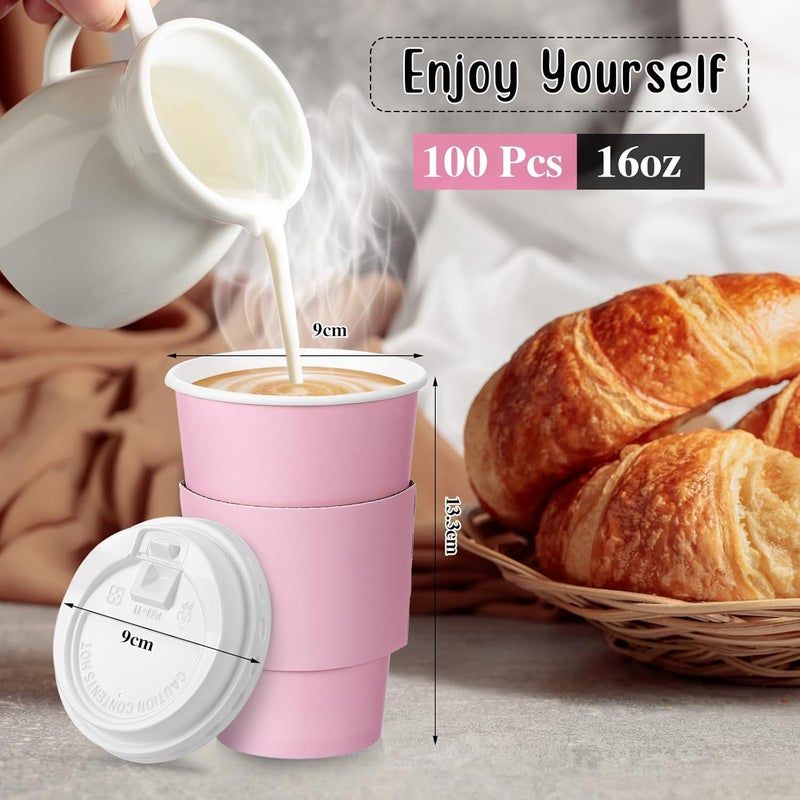 Tioncy 100 Set 16 oz Disposable Coffee Cups with Lids and Sleeves Set Insulated Disposable Hot Travel Paper Cups for Hot Chocolate Cocoa Coffee Tea Cafes Travel Bar Supplies,leak Proof(16 oz,Pink) - Image 2