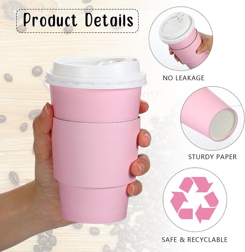 Tioncy 100 Set 16 oz Disposable Coffee Cups with Lids and Sleeves Set Insulated Disposable Hot Travel Paper Cups for Hot Chocolate Cocoa Coffee Tea Cafes Travel Bar Supplies,leak Proof(16 oz,Pink) - Image 3