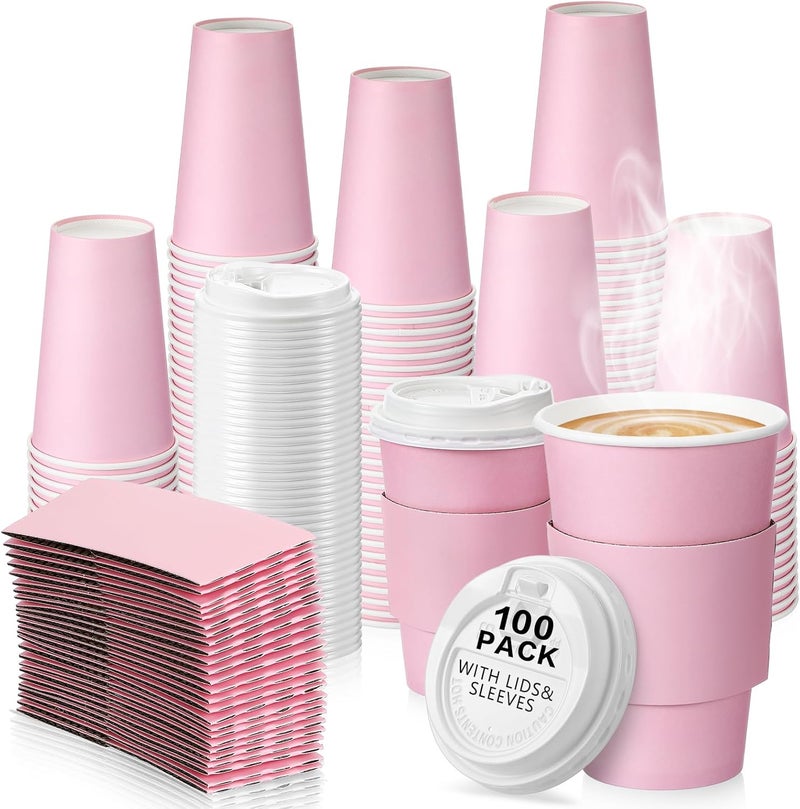 Tioncy 100 Set 16 oz Disposable Coffee Cups with Lids and Sleeves Set Insulated Disposable Hot Travel Paper Cups for Hot Chocolate Cocoa Coffee Tea Cafes Travel Bar Supplies,leak Proof(16 oz,Pink) - Image 1