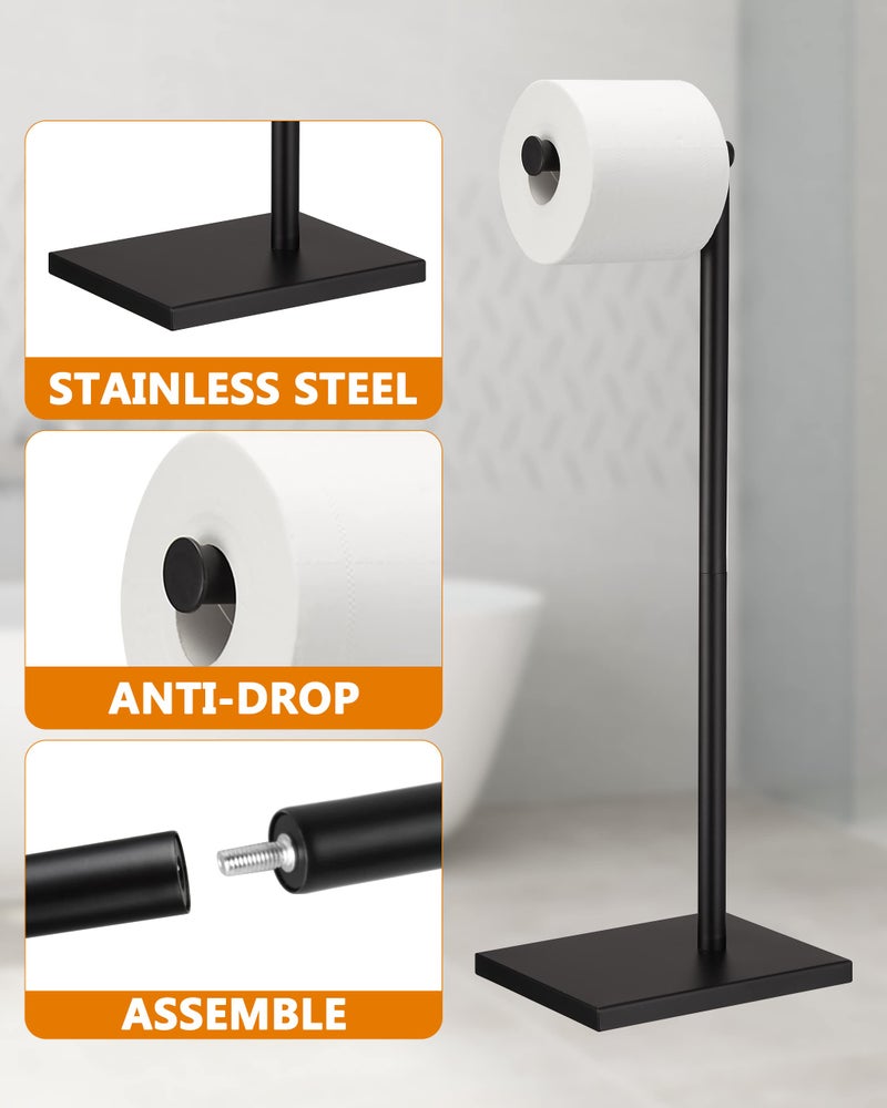 DECLUTTR Free Standing Bathroom Toilet Paper Holder Stand with Reserve, Stainless Steel Pedestal Tissue Roll Holder, Black DECLUTTR - Image 3