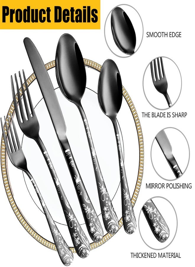DLEST Premium Flower Design Black Stainless Steel Cutlery Set - 20 Pieces | Rust-Resistant, Dishwasher Safe, Elegant Design | Ideal for Home and Restaurant Use, Perfect for Family Meals - Image 2