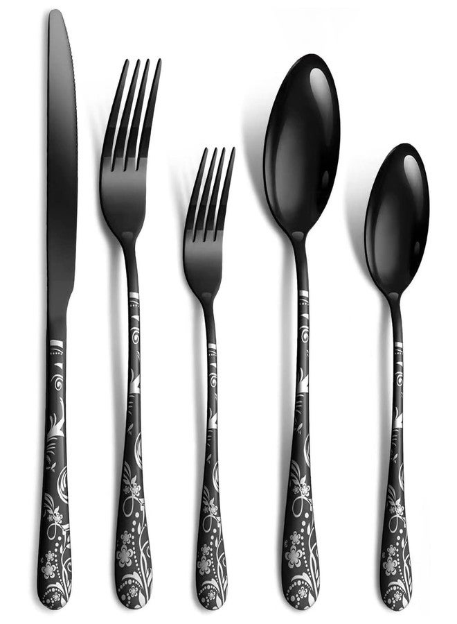 DLEST Premium Flower Design Black Stainless Steel Cutlery Set - 20 Pieces | Rust-Resistant, Dishwasher Safe, Elegant Design | Ideal for Home and Restaurant Use, Perfect for Family Meals - Image 1