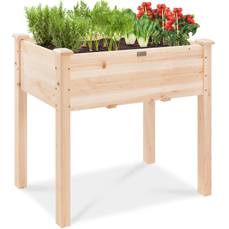 Best Choice Products 34x18x30in Raised Garden Bed Elevated Wood Planter Box Stand for Kids Backyard Patio Balcony wBed Liner 150lb Capacity  Natural