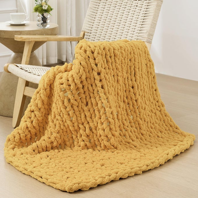 CHUNKY KNIT THROW BLANKET FOR COUCH 40X40 INCHES 100 HAND KNITTED WITH THICK JUMBO CHENILLE YARN COZY SOFT LARGE ROPE KNOT CABLE CROCHET BLANKETS FOR SOFA BED LIVING ROOM MUSTARD YELLOW